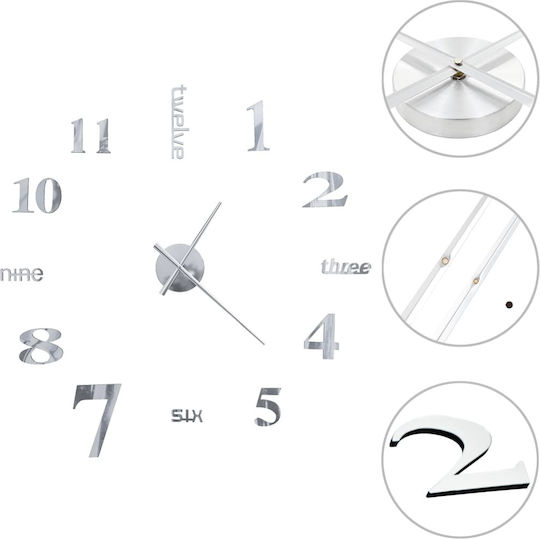 vidaXL 3D Modern 100cm 3D Wall Clock Sticker Plastic Silver Ø100cm