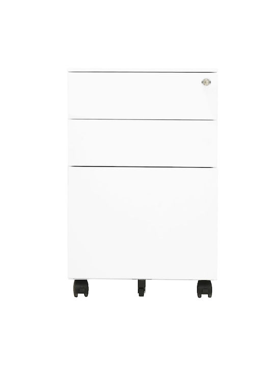 Office Storage Metal Drawer with Wheels, Lock & 3 Drawers Λευκό L39xW45xH60cm