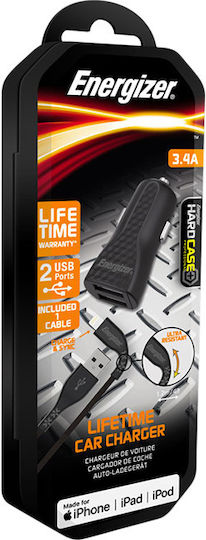 Energizer Auto-Ladegerät 17W 3.4A mit Anschlüssen: 2xUSB mit Kabel Blitzschlag Schwarz Farbe