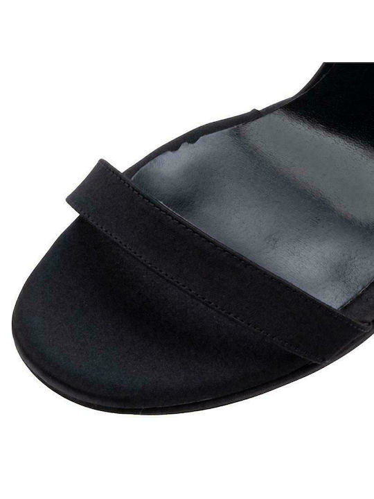 Fabric Women's Sandals with Ankle Strap Black with Thin High Heel