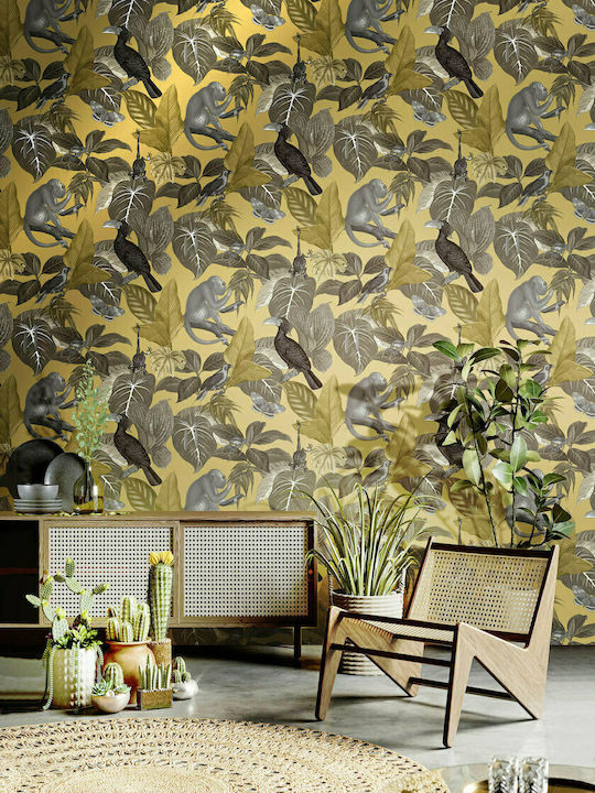 Wallpaper Flora Vinyl Yellow L1005xW53cm Washable