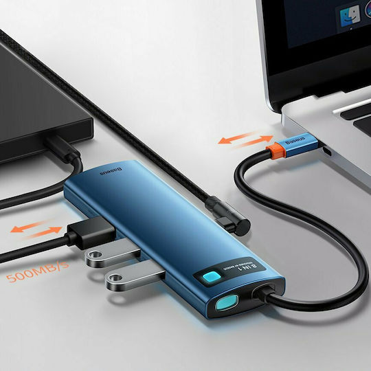 Baseus Metal Gleam Series 8in1 USB-C Docking Station mit HDMI 4K PD Ethernet Blau