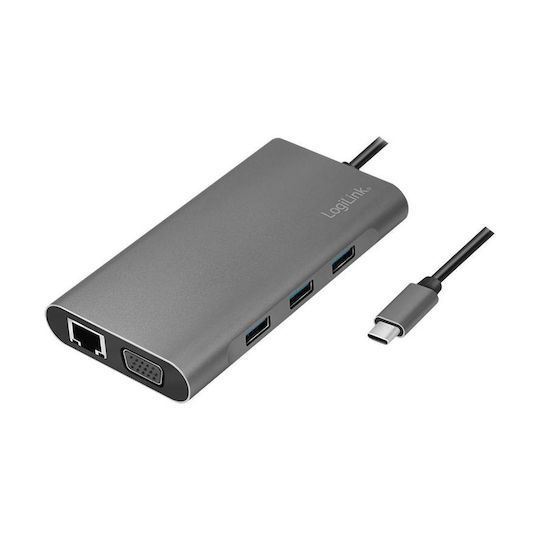 LogiLink USB-C Docking Station με HDMI 4K PD Ethernet και σύνδεση 2 Οθονών Ασημί (UA0383)
