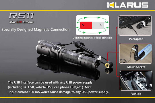 Klarus Rechargeable Flashlight LED IPX8 with Maximum Brightness 620lm