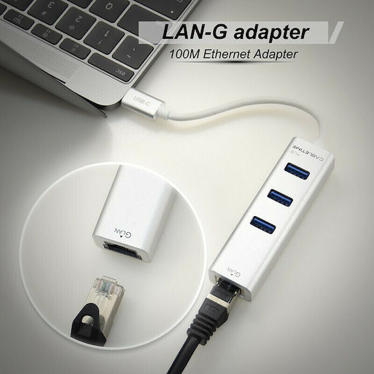 Cabletime C160 USB-Hub Mit 3 Anschlüssen USB 3.0 Mit USB-C Anschluss Ethernet Silber