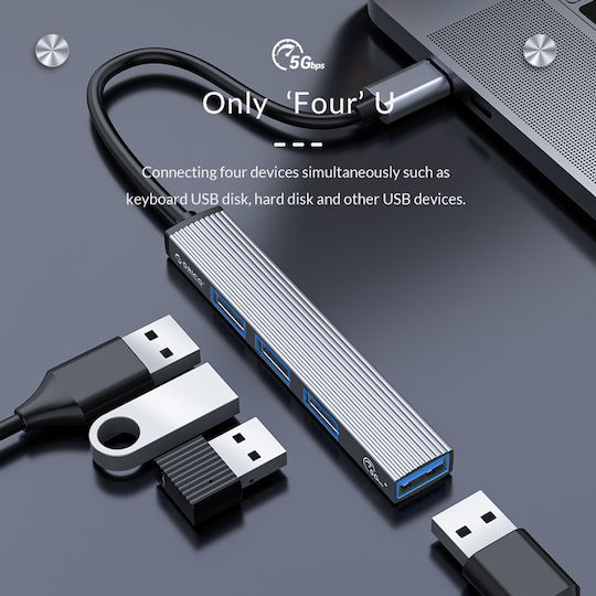 Orico USB Хъб 4 Порта USB 3.0 с USB-C Връзка Сив