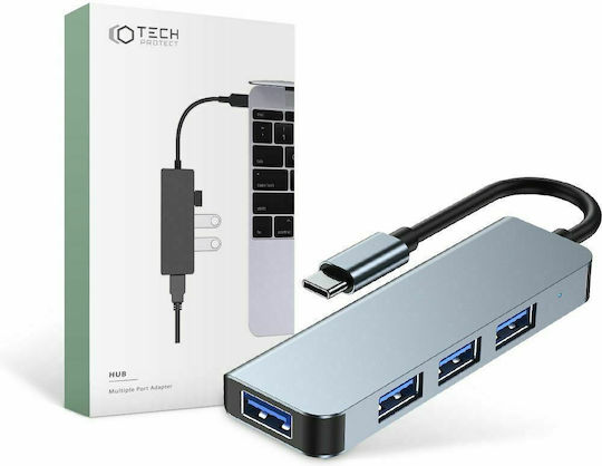 Tech-Protect V1-HUB v1 USB Хъб с 4 Порта USB 3.0 и USB-C Връзка Сив