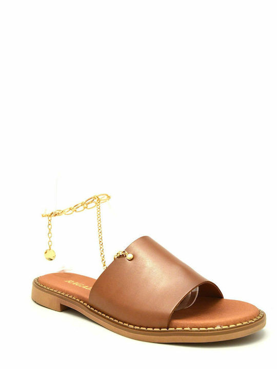 Leather Women's Flat Sandals Tabac Brown