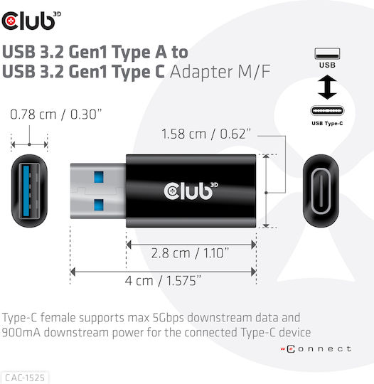 Club3D Μετατροπέας USB-A male σε USB-C female 1τμχ CAC-1525