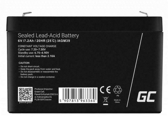 Green Cell Μπαταρία UPS με Χωρητικότητα 7.2Ah και Τάση 6V AGM39 1τμχ