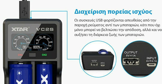 XTAR VC2S Φορτιστής 2 Μπαταριών Li-ion/Ni-Cd/Ni-MH Μεγέθους AA/AAA/18650