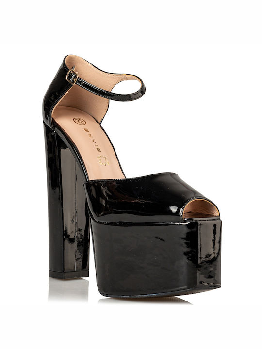 Envie Shoes Peep Toe Γόβες από Λουστρίνι με Χοντρό Ψηλό Τακούνι Μαύρες