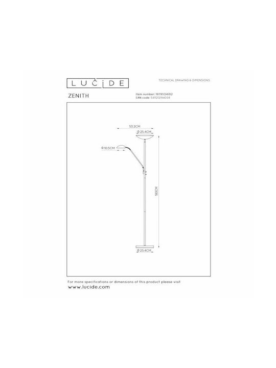 Lucide Lightning Zenith LED Floor Lamp H180xW24.5cm. with Warm White Light Gold