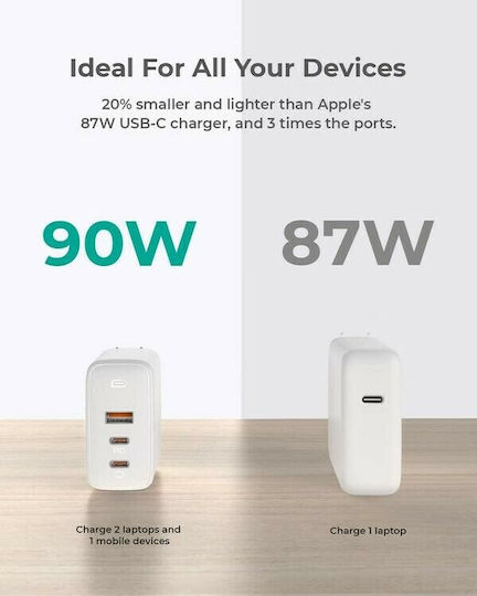 Aukey Φορτιστής Χωρίς Καλώδιο GaN με Θύρα USB-A και 2 Θύρες USB-C 90W Power Delivery Λευκός (PA-B6S)