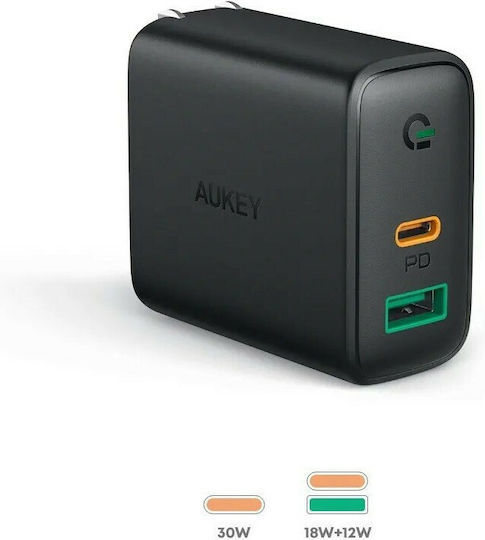 Aukey Wireless Charger with USB-A and USB-C Ports 30W Power Delivery Black