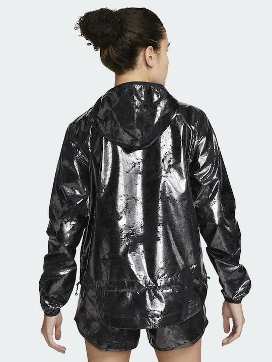 Air Women's Running Short Sports Jacket Windproof for Spring or Autumn with Hood Black
