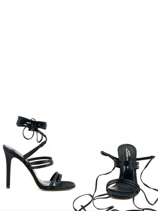Fabric Women's Sandals with Laces Black with Thin High Heel