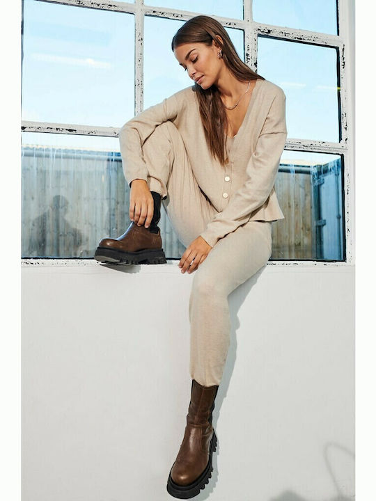 Women's High-waisted Fabric Trousers with Elastic Slim Fit Beige