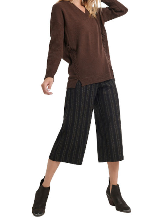 Damen Hoch tailliert Stoff Hose Gestreift Braun
