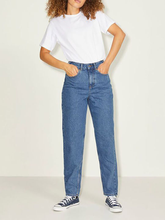 Jack & Jones Women's High-waisted Cotton Trousers in Mom Fit Medium Blue Denim