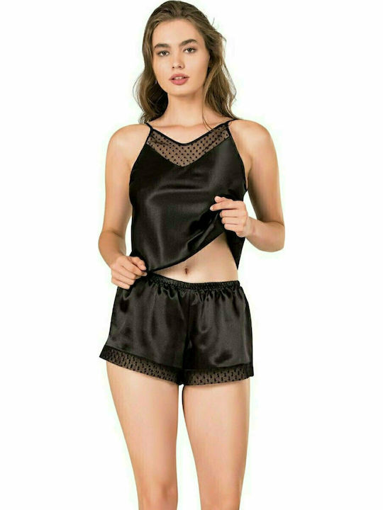 Moongirl De vară Satin Babydoll Negru Dots MG285