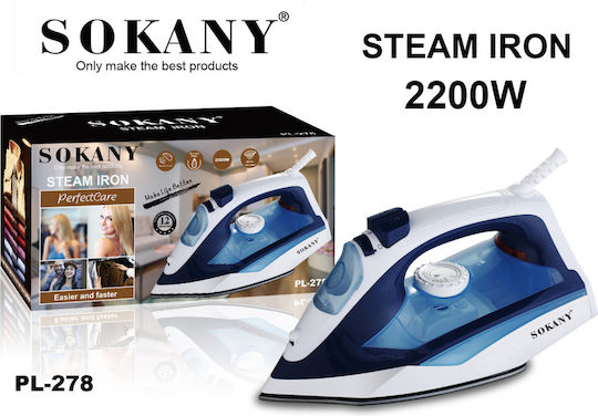 Sokany PL-278 Steam Iron 2200W with Stainless Steel Plate and Continuous Steam Supply 25g/min