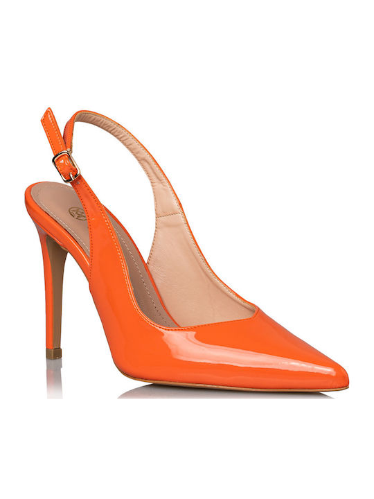 Patent Leather Pointed Toe Stiletto Orange High Heels with Strap