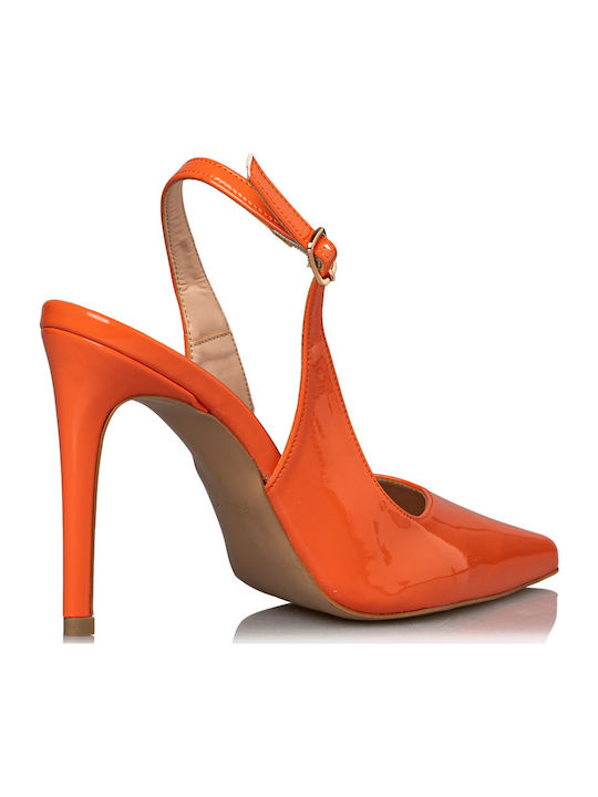 Patent Leather Pointed Toe Stiletto Orange High Heels with Strap