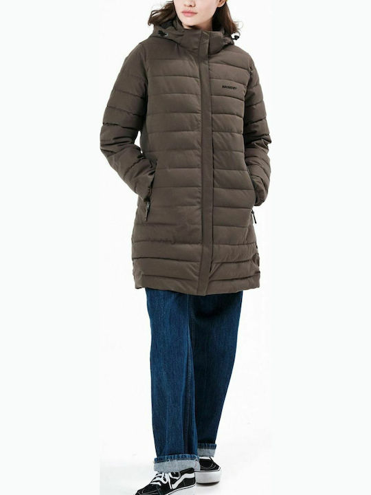 Women's Long Puffer Jacket Waterproof and Windproof for Winter with Hood Khaki