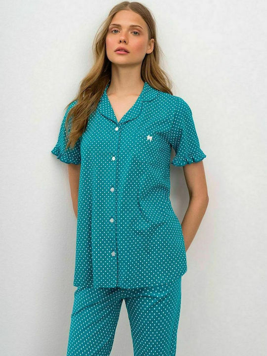 Vamp Sommer Damen Pyjama-Set Baumwolle Blue Lagoon