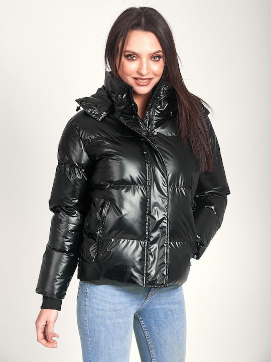 Kurz Damen Puffer Jacke für Winter Schwarz
