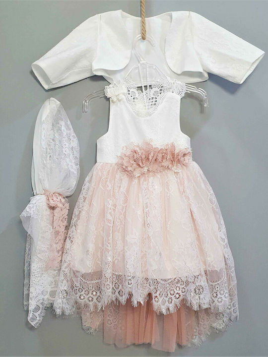 Carousel Rosa Taufset Kleidung mit Haar-Accessoires , Strickjacke & Kleid aus Spitze 3Stück