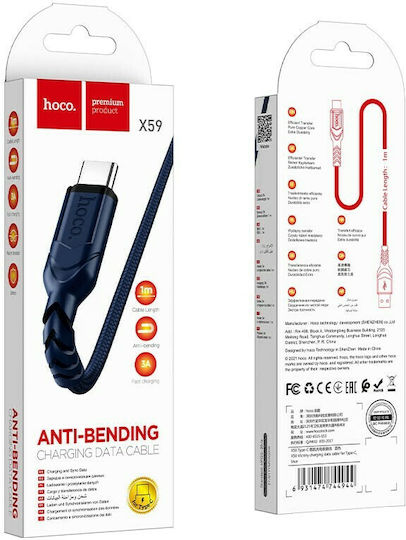 Hoco Victory X59 Braided USB 2.0 Cable USB-C male - USB-A Μπλε 1m