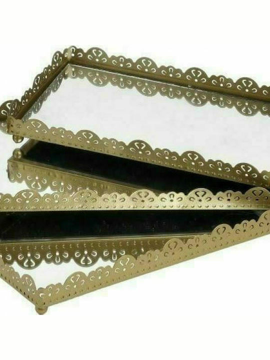 Inart Metallic Rectangular Decorative Tray with Mirror Χρυσός 25x15x4cm 3pcs