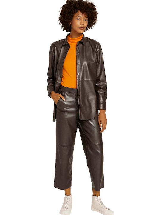 Women's Leather Monochrome Long Sleeve Shirt Brown