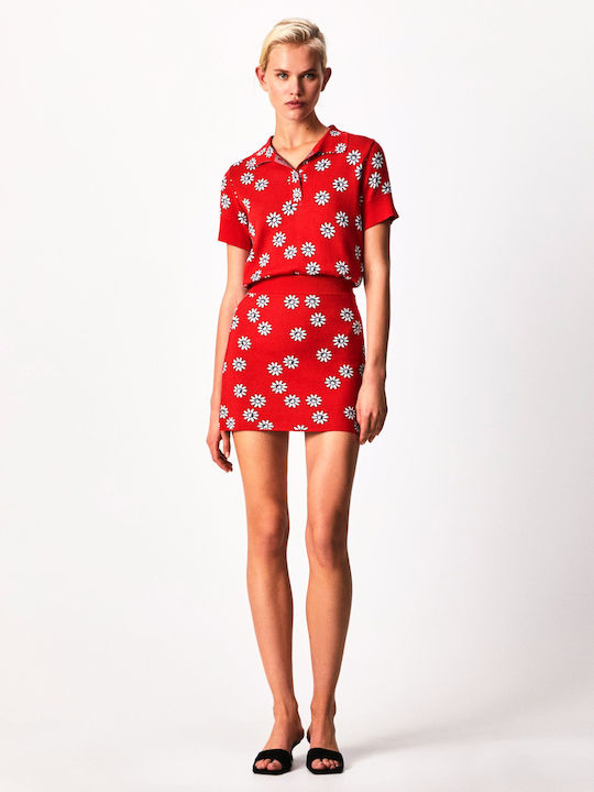 Priscilla Denim High-waisted Mini Skirt Floral Royal Red