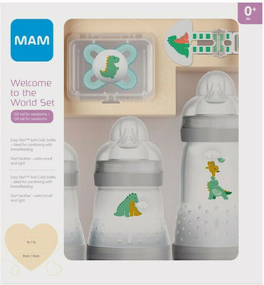 Mam Plastic Bottle Set Welcome To The World Gift Set Anti-Colic with Silicone Nipple for 0+, 0+ m, months Grey Dinosaurs 260ml 5pcs