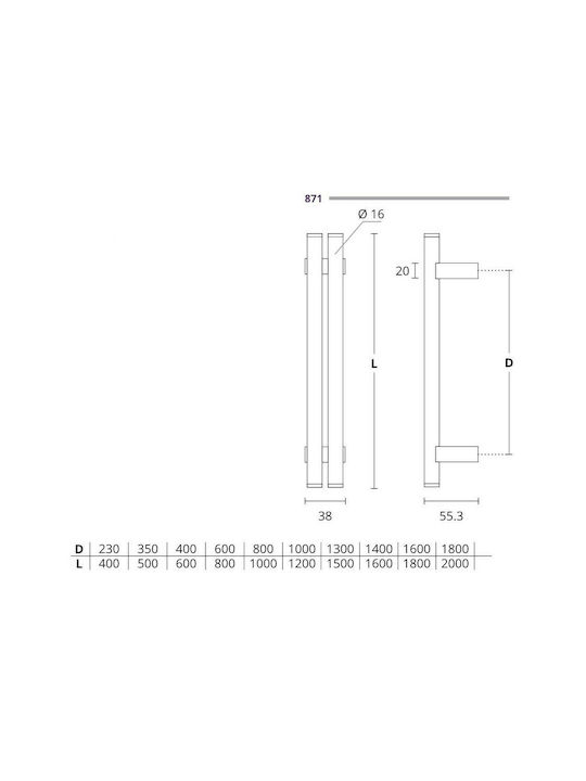 Front door handle Convex 871 stainless steel Overall length 500mm Pair