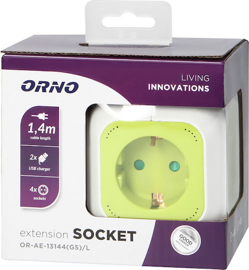 Orno PowerCube mit Überspannungsschutz 4 Positionen mit 2 USB-A und Kabel 1.4m Grün