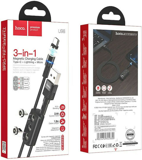 Hoco Braided / Magnetic USB to Lightning / Type-C / micro USB Cable Μαύρο 1.2m (Sunway U98)