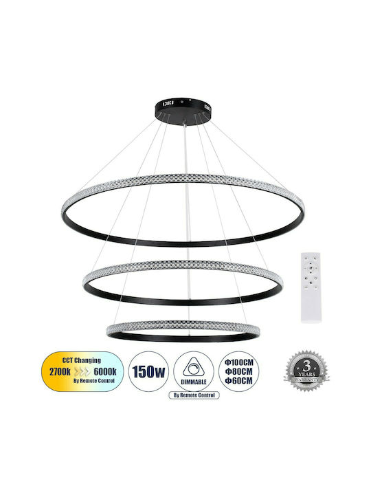 GloboStar Diamond Trio Pendant Light Black LED with Warm to Cool White Light 106x106cm