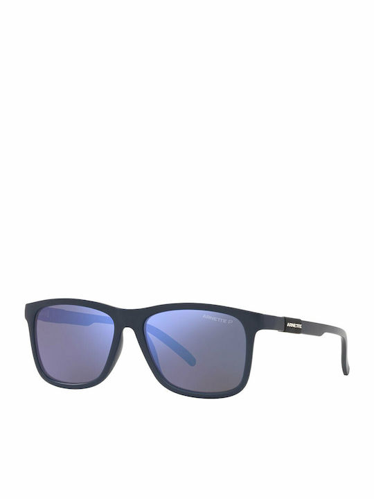 Dude Male Sunglasses with Blue Horn-Rimmed Frame and Grey Polarized Mirror Lens