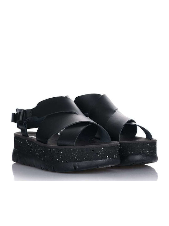 Oruga Up Leather Women's Flat Sandals Anatomic with Strap Flatforms in Black Color