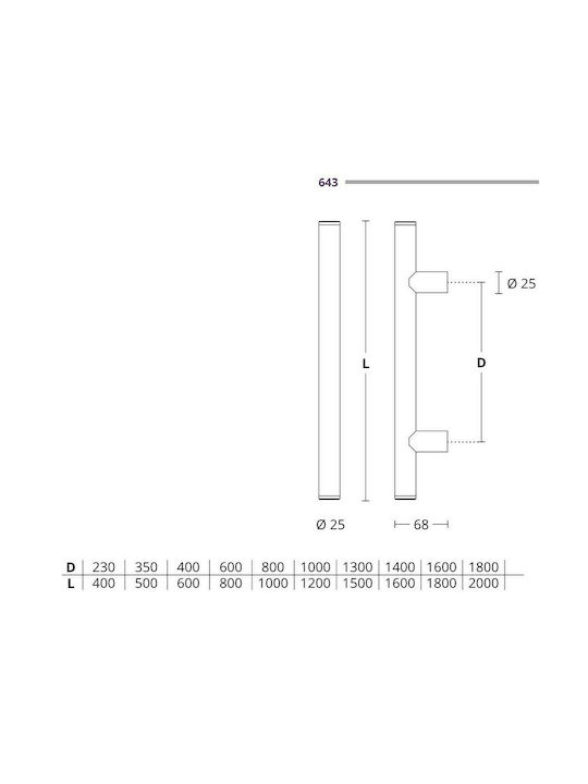 Front door handle Convex 643 Nickel Matt - stainless steel Overall length 500mm Pair