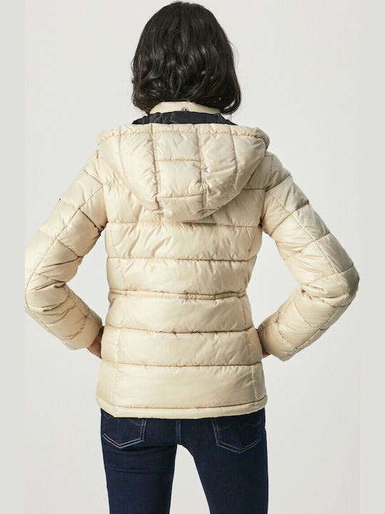 Camille Women's Short Puffer Jacket for Winter with Hood Beige