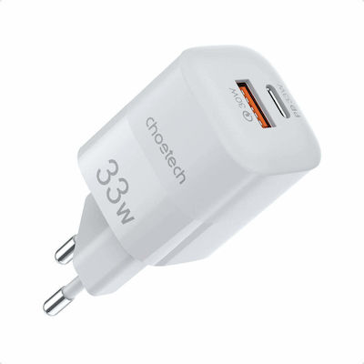 Choetech Încărcător Fără Cablu GaN cu Port USB-A și Port USB-C 33W Livrarea energiei / Quick Charge 3.0 Albς (PD5006)