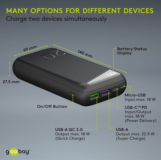 Goobay 53939 Power Bank 20000mAh 22.5W with 2 USB-A Ports and USB-C Port Power Delivery / Quick Charge 3.0 Black