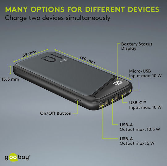 Goobay 53935 Power Bank 10000mAh 10.5W με 2 Θύρες USB-A Μαύρο