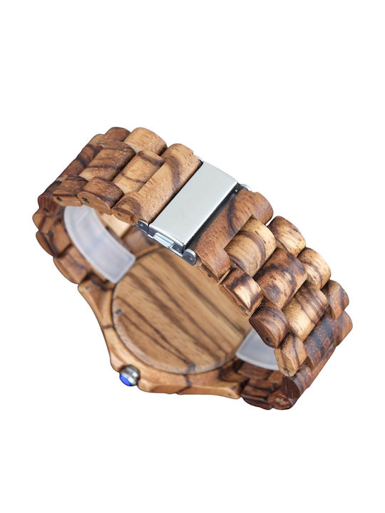Bewell Jupiter Zebra Ανδρικό Ρολόι 47mm Μπαταρίας με Καφέ Ξύλινο Μπρασελέ