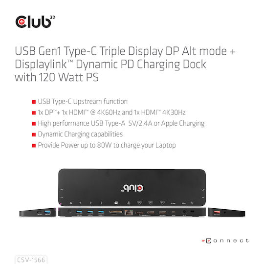 Club3D USB-C Docking Station με HDMI/DisplayPort 4K PD Ethernet Μαύρο (CSV-1566)